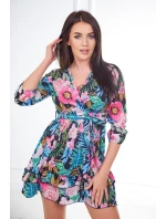 Květinové šaty s vázáním v pase černé