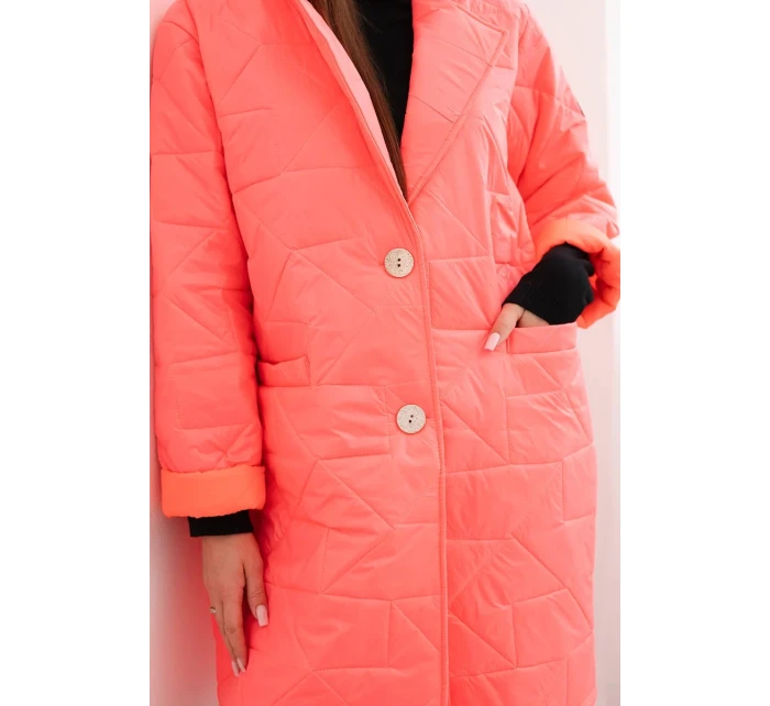 Dámská bunda Plus Size prošívaná s ozdobnými knoflíky a límcem neonově růžová