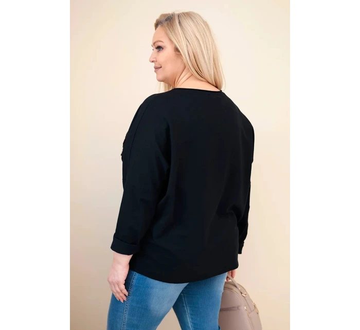 Dámske bavlnené Plus veľkosť V-neck blúzka čierna Dámske bavlnené Plus veľkosť V-neck blúzka čierna