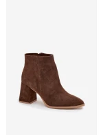 Botki Z Naturalnego Zamszu Obcas Słupek Ocieplane Brązowe Zazoo 3128