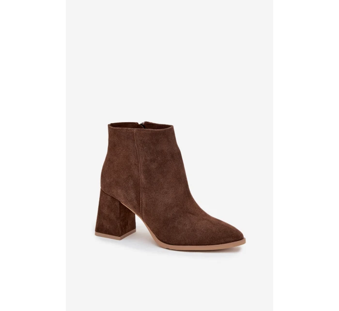 Botki Z Naturalnego Zamszu Obcas Słupek Ocieplane Brązowe Zazoo 3128