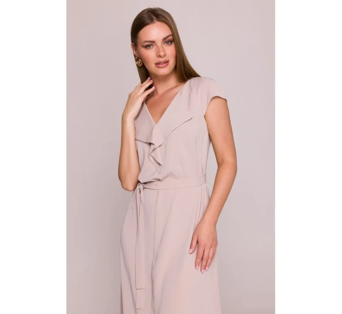 model 21154800 Šaty bez rukávů s volánkovým výstřihem béžové - STYLOVE model 21154800 Šaty bez rukávů s volánkovým výstřihem béžové - STYLOVE