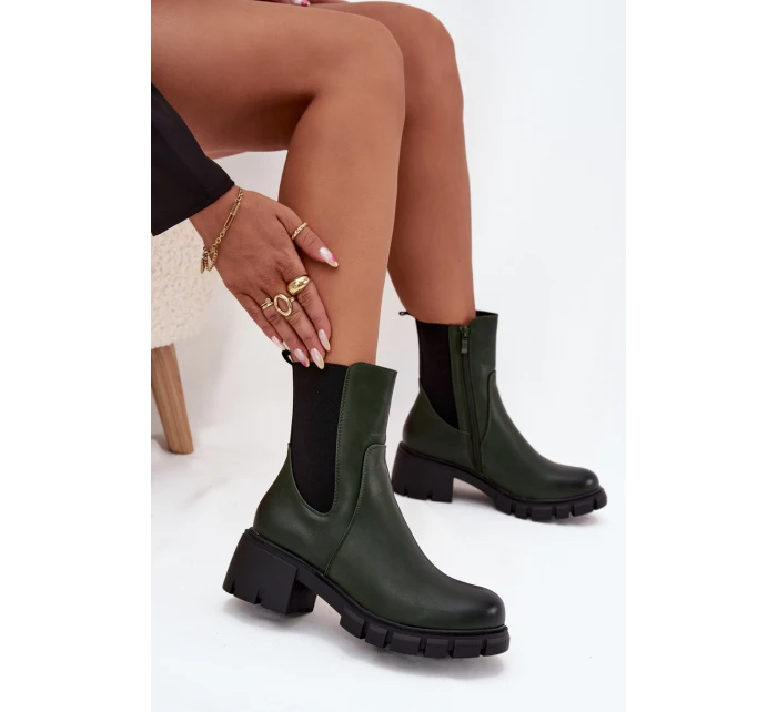 Botki Damskie Na Klocku Eko Skórzane Ciemnozielone Kyra Botki Damskie Na Klocku Eko Skórzane Ciemnozielone Kyra