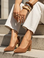 Dámske semišové lodičky na podpätku svetlohnedej farby FashionStreet ZY1397
