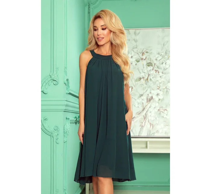 ALIZEE - Dámske šifónové šaty vo fľaškovo zelenej farbe so zaväzovaním 350-4