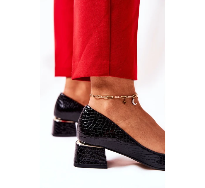 Skórzane Wężowe Czółenka Lewski 3118 Czarne