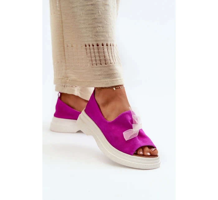 Zazoo 2939 Zamszowe Sandały Damskie Z Kokardką Fuksja