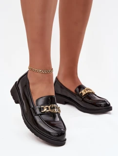 Lakierowane Mokasyny Damskie Ze Złotą Ozdobą S.Barski HY52-539 Czarne