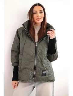 Dámská jarní prošívaná bunda s ozdobnou model 22040172 a zipem khaki - K-Fashion