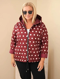 Dámska bunda Plus Size s kapucňou, bodkovaná, bordó-červená