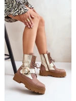 Zazoo 2942 Skórzane Botki Workery Ze Złotą Klamrą Beżowe