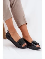 Skórzane Lakierowane Sandały Damskie Na Koturnie z Ozdobą Artiker 56C1564 Czarne