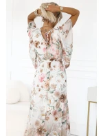 603-2 Vzdušné maxi šaty s obálkovým výstrihom a kvetinovým vzorom - Béžové ruže 603-2 Vzdušné maxi šaty s obálkovým výstrihom a kvetinovým vzorom - Béžové ruže