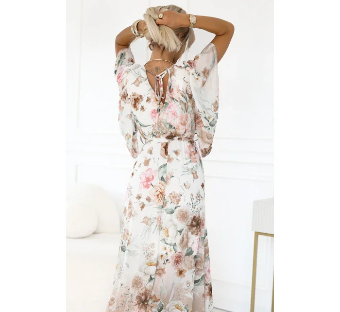 603-2 Vzdušné maxi šaty s obálkovým výstrihom a kvetinovým vzorom - Béžové ruže 603-2 Vzdušné maxi šaty s obálkovým výstrihom a kvetinovým vzorom - Béžové ruže