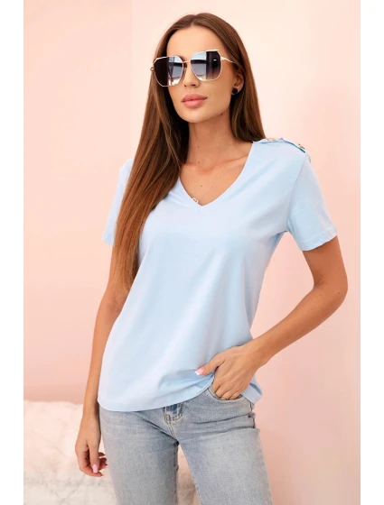 Dámska bavlnená blúzka s véčkovým výstrihom a krátkymi rukávmi modrá
