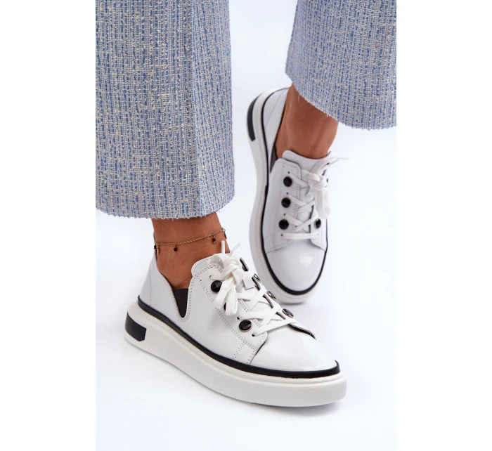 Lakierowane Sneakersy Damskie Skórzane D&A LR535 Białe