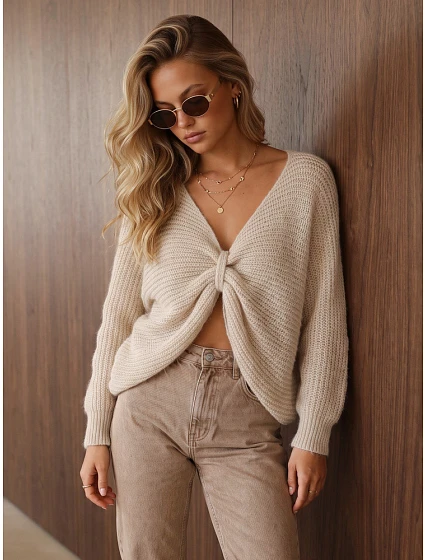 Sweter damski oversize z  beżowy model 22546912 - FashionStreet
