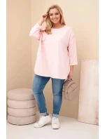 Dámska blúzka v nadmernej veľkosti s bavlnou, vreckom a zvlnenými rukávmi púdrovo ružová