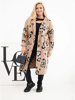Dámský elegantní kabát Plus Size s klopami v panterku camelový