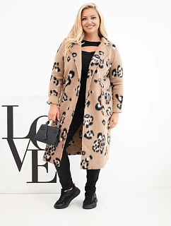 Dámský elegantní kabát Plus Size s klopami v panterku camelový
