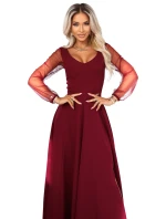 LORETTA dlouhé šaty s rukávy a výstřihem vínové model 21791769 - numoco