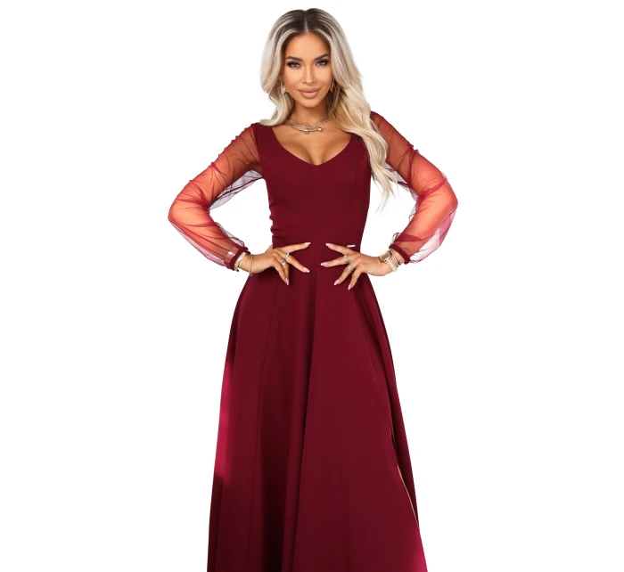LORETTA dlouhé šaty s rukávy a výstřihem vínové model 21791769 - numoco
