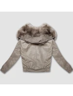 Béžová kožená bunda s veľkým kožušinovým golierom Glakate (LU98090#)