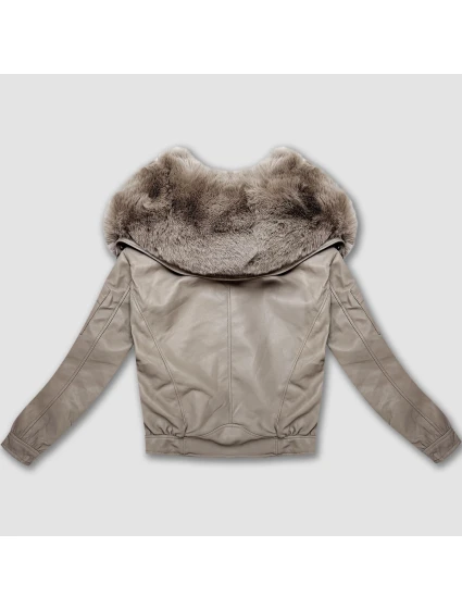Béžová kožená bunda s velkým límcem model 22090155 - Glakate Béžová kožená bunda s velkým límcem model 22090155 - Glakate