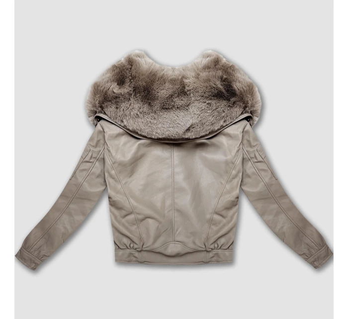 Béžová kožená bunda s veľkým kožušinovým golierom Glakate (LU98090#)