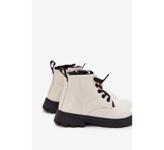 Zateplené detské lakované topánky s príveskom "Miś" - biele Jovellea