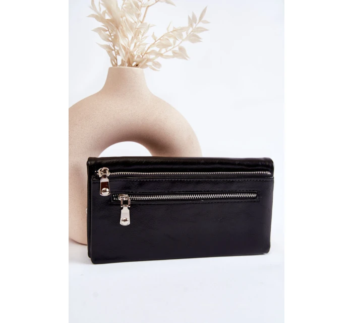 Damski Duży Skórzany Portfel Na Zamek Czarny Shiness
