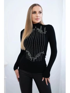 Pletená blúzka so strieborným zirkónovým vzorom čierna