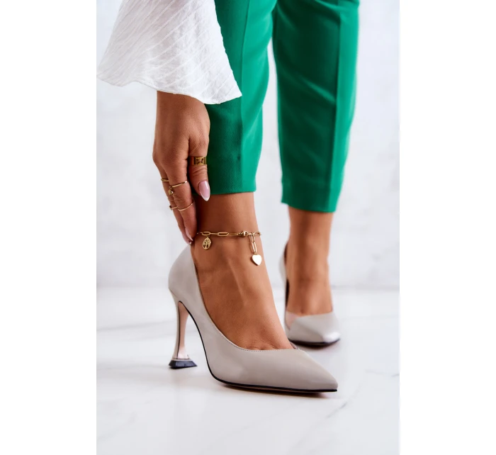 Modne Skórzane Szpilki Jasnoszare Tamira