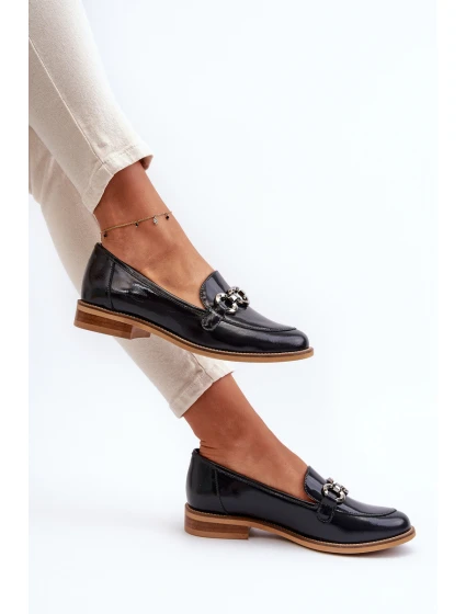 Skórzane Damskie Lakierowane Mokasyny Laura Messi 2760 Granatowe