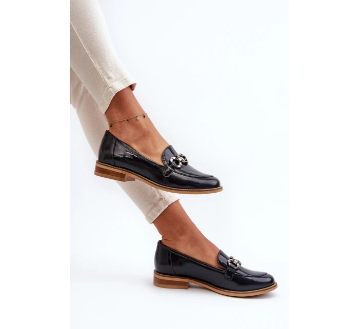 Skórzane Damskie Lakierowane Mokasyny Laura Messi 2760 Granatowe