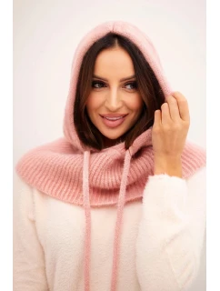 Dámska čiapka s kapucňou s pleteným vzorom s kravatou púdrovo ružová