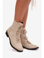 Zateplené dámské kotníkové boty na nízkém podpatku s ozdobnými květinami zlaté model 21711109 - Boto