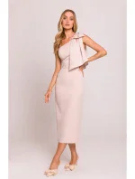 M847 Šaty na jedno rameno s mašľou - svetlo béžové