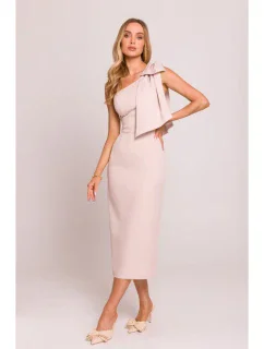 M847 Šaty na jedno rameno s mašľou - svetlo béžové