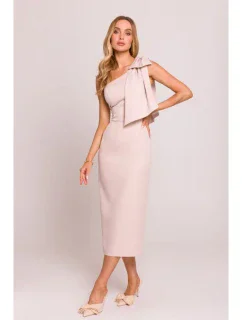 model 20970603 Šaty na jedno rameno s mašlí světle béžové - Moe