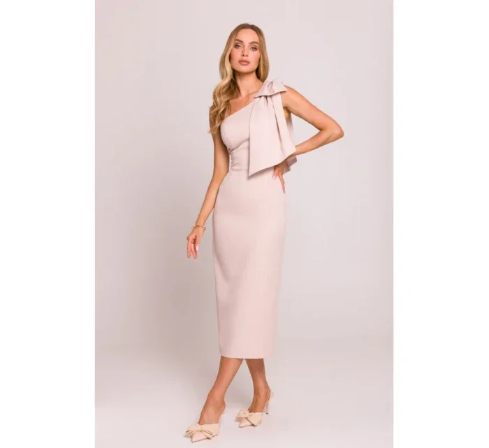 M847 Šaty na jedno rameno s mašľou - svetlo béžové