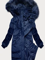 Dámska manšestrová zimná bunda s kapucňou tmavomodrá (7764)