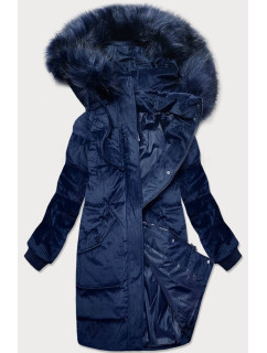 Tmavomodrá menčestrová dámska zimná bunda s kapucňou (7764)