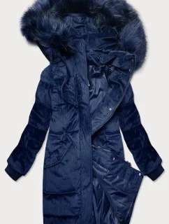 Tmavomodrá dámska manšestrová zimná bunda s kapucňou (7764)