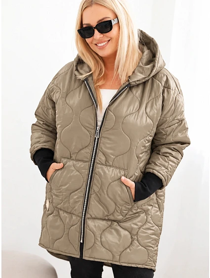 Dámska zimná bunda Plus Size, prešívaná, s kapucňou, svetlo kamelová