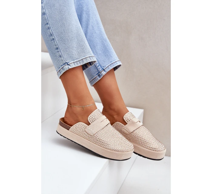 Klapki Damskie Zdobione Cyrkoniami Na Platformie Beżowe Deorani