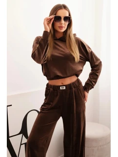 Dámska velúrová tepláková súprava so širokými nohavicami a kapucňou hnedá