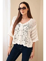 Dámsky bavlnený ažurový sveter s krátkymi rukávmi v béžovej farbe