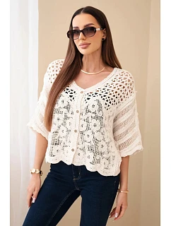 Dámsky bavlnený ažurový sveter s krátkymi rukávmi v béžovej farbe