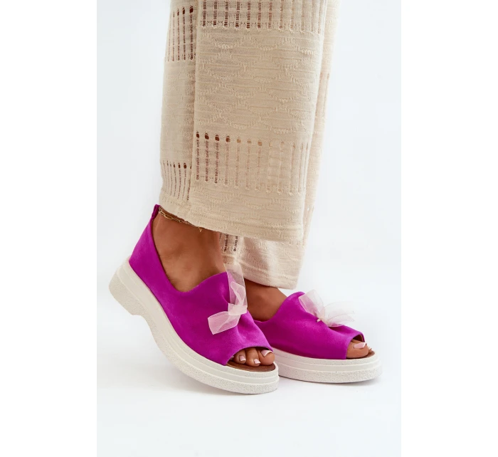 Zazoo 2939 Zamszowe Sandały Damskie Z Kokardką Fuksja